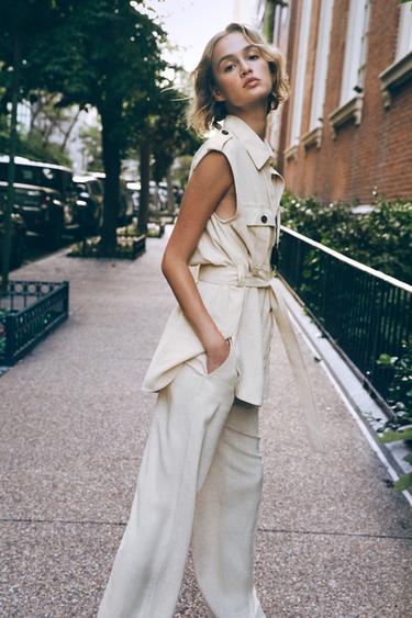 STRAIGHT-LEG LINEN BLEND TROUSERS - Light beige by Zara - Image 3