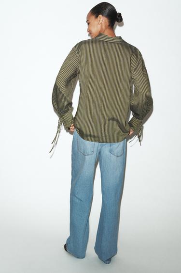 CHEMISE À RAYURES AVEC LACETS - Kaki foncé de Zara - Image 3