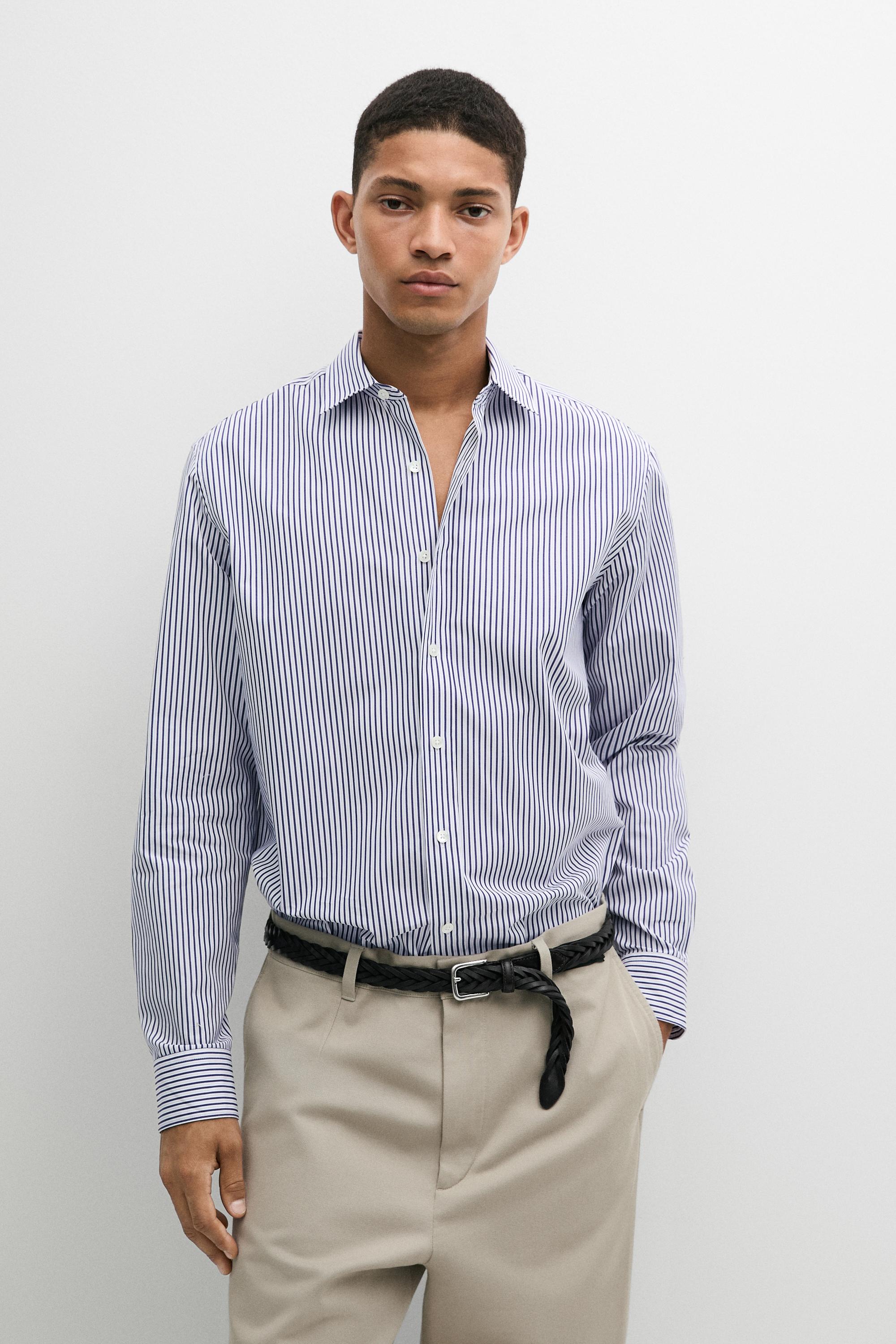 100% cotton regular fit striped shirt — Navy blue