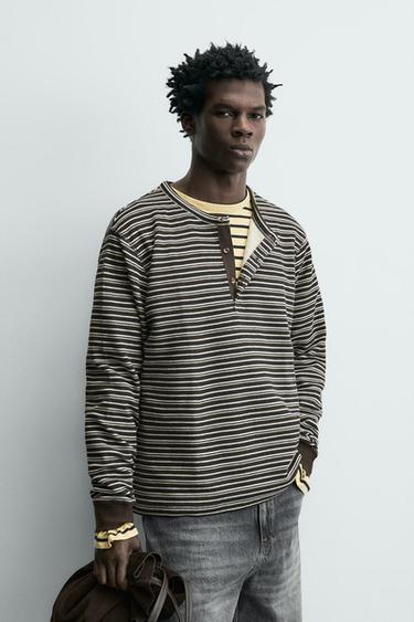 Zara STRIPED HENLEY T-SHIRT - Dark brown