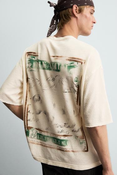 Zara KNIT WASHED PRINT T-SHIRT - Ecru