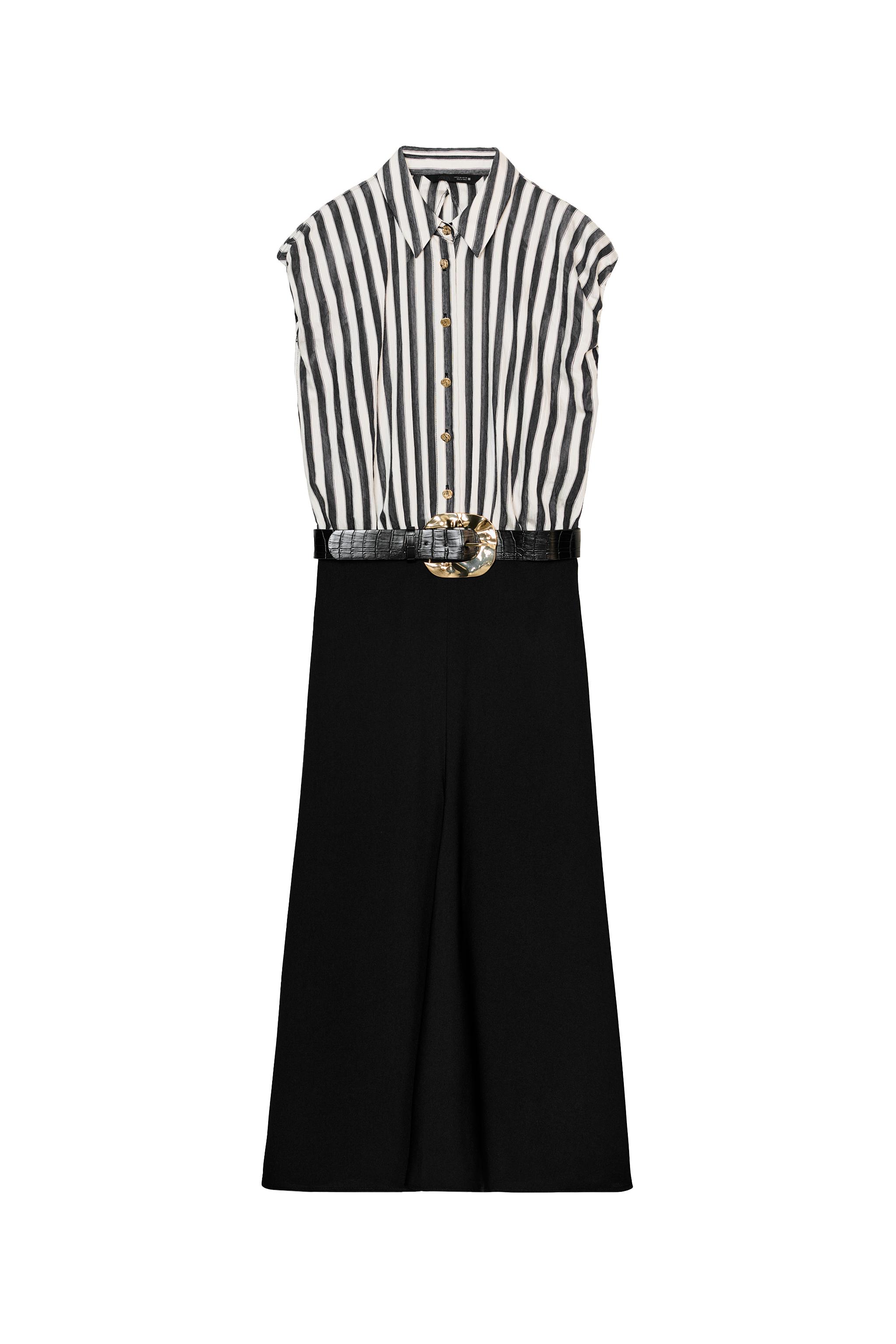 COMBINED STRIPED BELTED MIDI DRESS - Ecru / Black | ZARA United States COMBINED STRIPED BELTED MIDI DRESS - Ecru / Black | ZARA United States