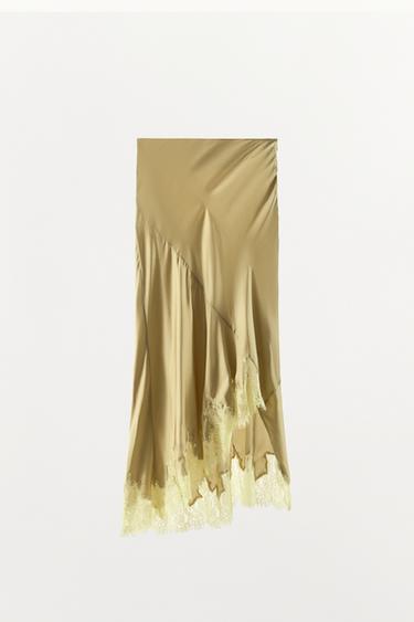 JUPE SATINÉE ASYMÉTRIQUE À DENTELLE - Kaki de Zara - Image 5