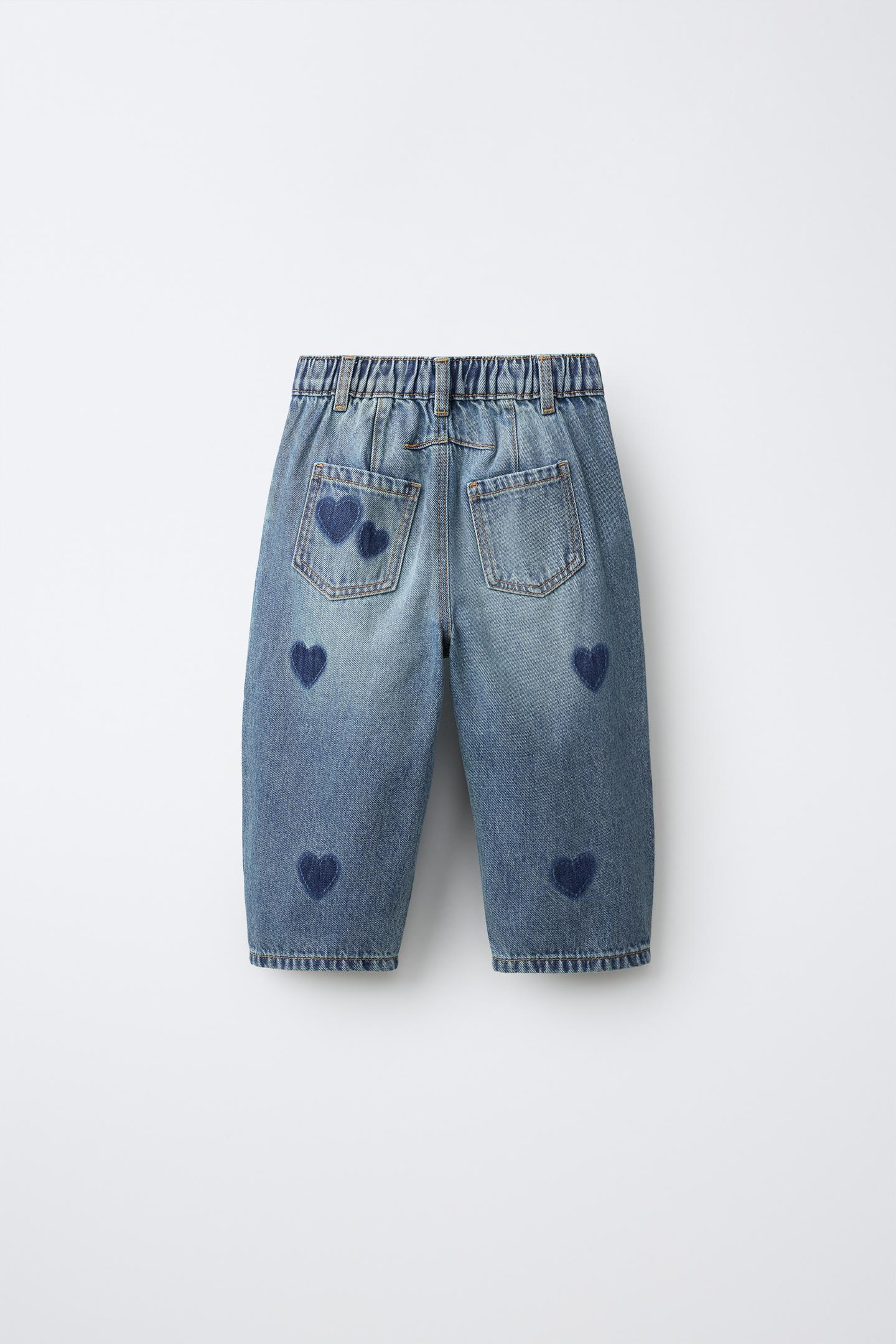 Детские джинсы Zara Heart Print Barrel, цвет: Синий — фото 3