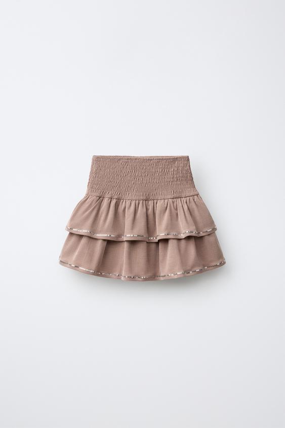 SEQUINNED RUFFLE SKORT - Light brown by Zara - Image 0