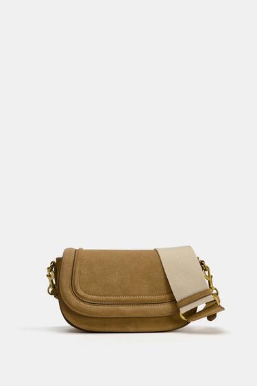 Zara SPLIT LEATHER CROSSBODY BAG - Beige
