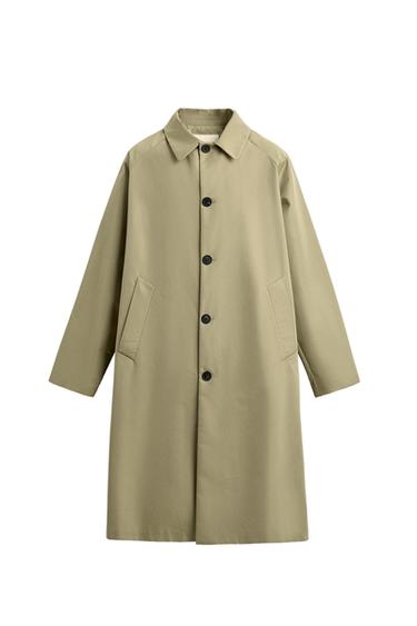 Front view of a sand-coloured trench coat with a lapel collar, long sleeves, side pockets, and a front button fastening.