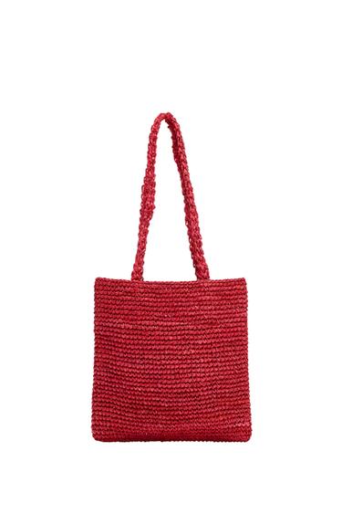 Zara RAFFIA MINI SHOPPER BAG - Red