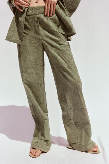 STRAIGHT-LEG TROUSERS WITH CUTWORK EMBROIDERY - Khaki by Zara
