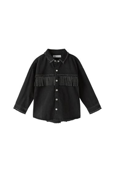 STUDDED FRINGED DENIM SHIRT