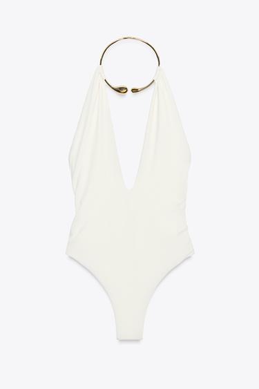 Zara HALTER SWIMSUIT WITH METAL COLLAR - Ecru