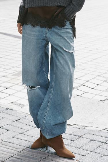 Zara 中腰 TRF BAGGY 破損牛仔褲 - 淡藍色