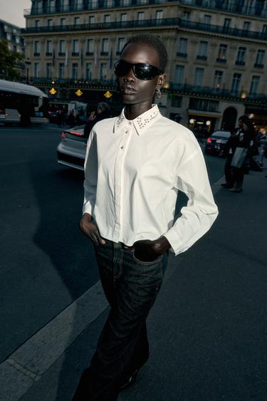 CHEMISE COURTE EN POPELINE À FANTAISIE BIJOU - Blanc de Zara