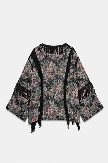KIMONO JACQUARD FLEURS FRANGES - Noir de Zara - Image 4
