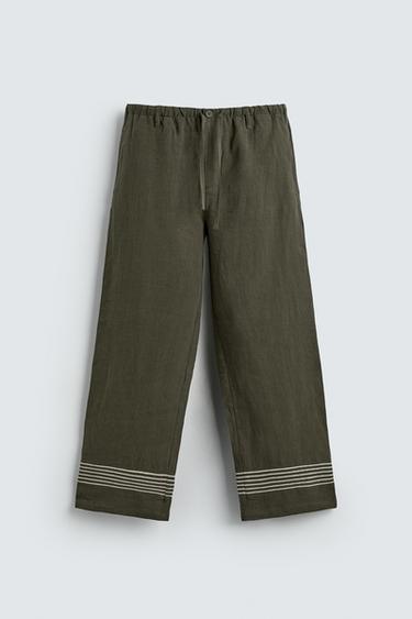 100% LINEN RELAXED FIT TROUSERS - Dark khaki by Zara