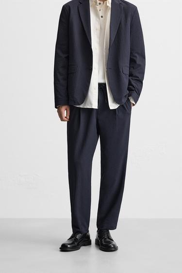 PLEATED SEERSUCKER TROUSERS - Navy blue by Zara