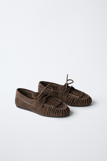 FRINGED SPLIT SUEDE LOAFERS - Brown by Zara - Image 1