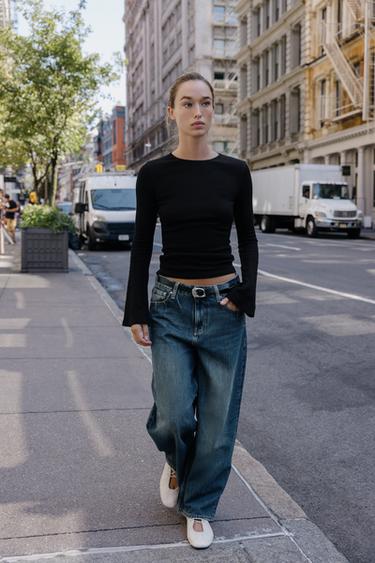 RIB T-SHIRT WITH FLARED SLEEVES - Black by Zara