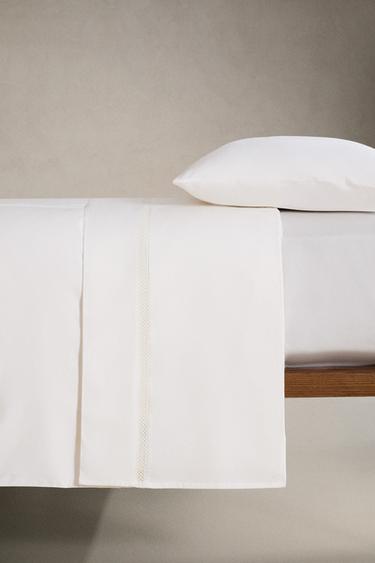 SATEEN FLAT SHEET WITH HEMSTITCH EMBROIDERY - Oyster-white by Zara - Image 2
