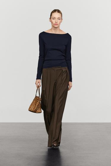 Pantalon large plissé - Chocolat de Zara - Image 0