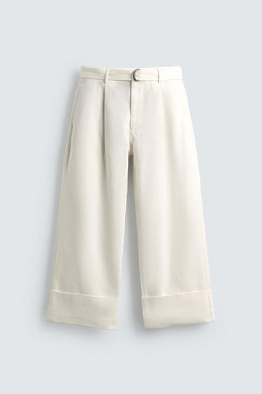RELAXED FIT LINEN TROUSERS WITH BELT - White by Zara