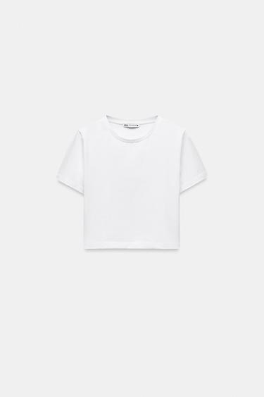 تيشرت CROPPED بأكمام قصيرة - أبيض الخاص بـ Zara