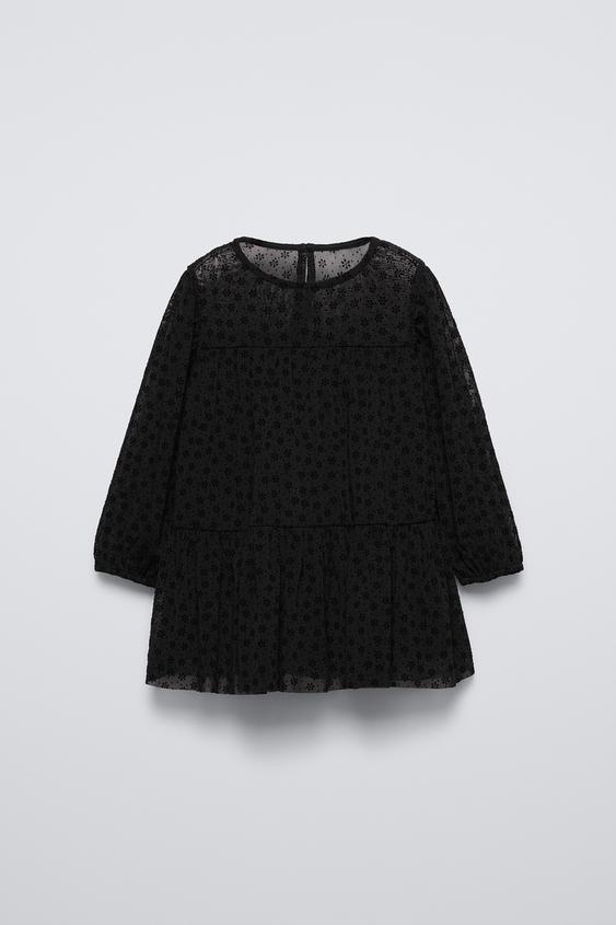 FLOCKED FLORAL TULLE DRESS Black ZARA Saudi Arabia