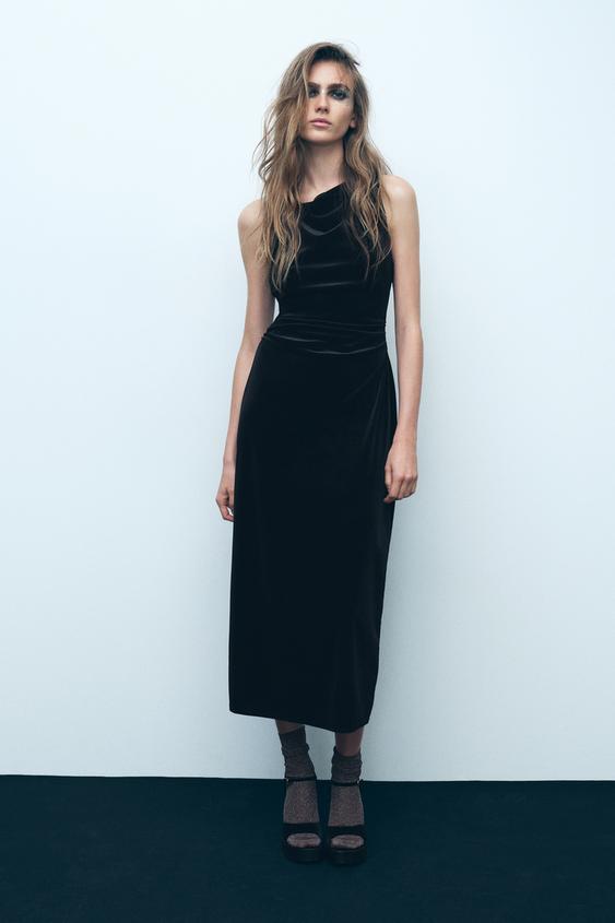 ミディ丈ベルベットワンピース - ブラック | ZARA Japan / 日本