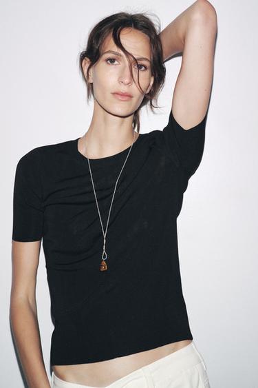 SHORT SLEEVE KNIT TOP - Black by Zara - Image 1