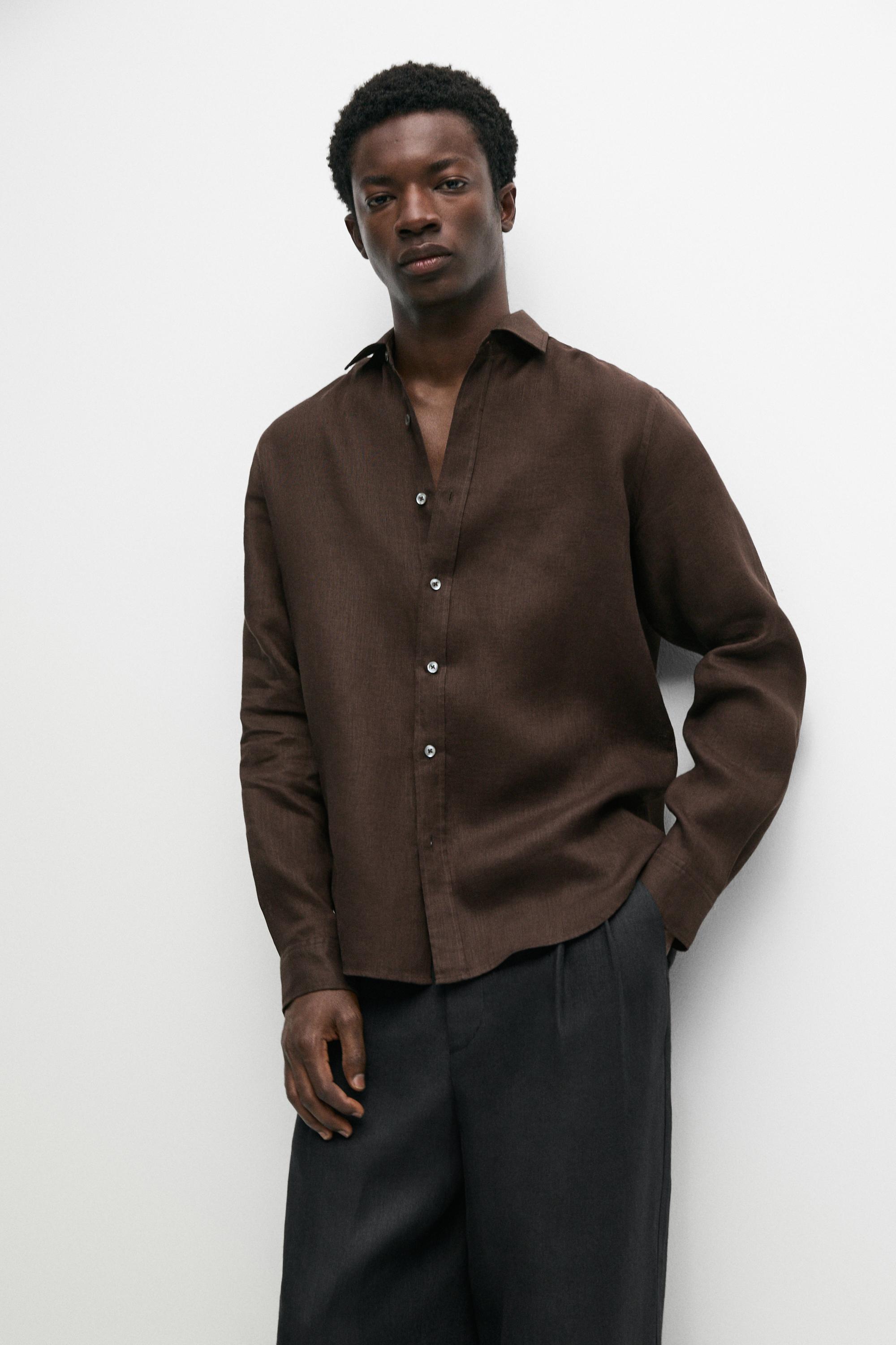 Regular fit 100% linen shirt — Brown