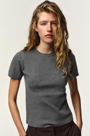 SOFT-TOUCH SHORT SLEEVE KNIT TOP - Grey marl by Zara