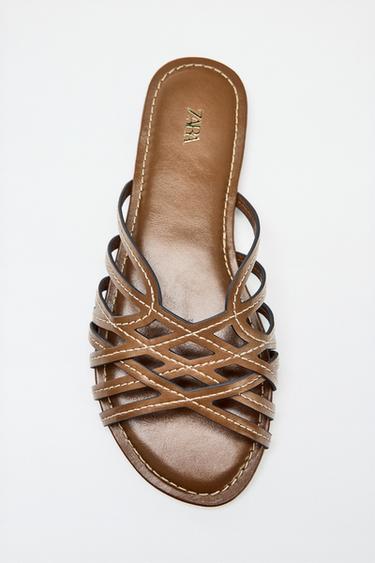 MULTI-STRAP FLAT SANDALS WITH TOPSTITCHING - Brown by Zara