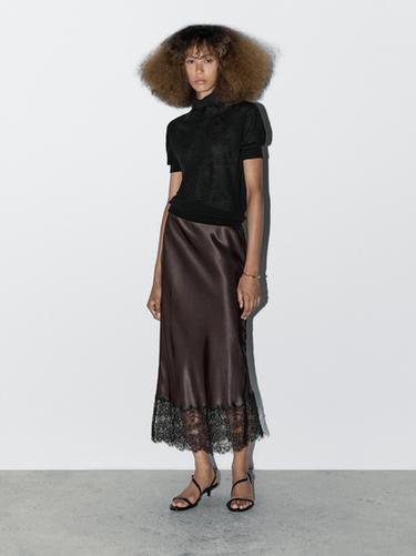 Zara Satin lace-trimmed midi skirt - STUDIO - Black gold - Image 0
