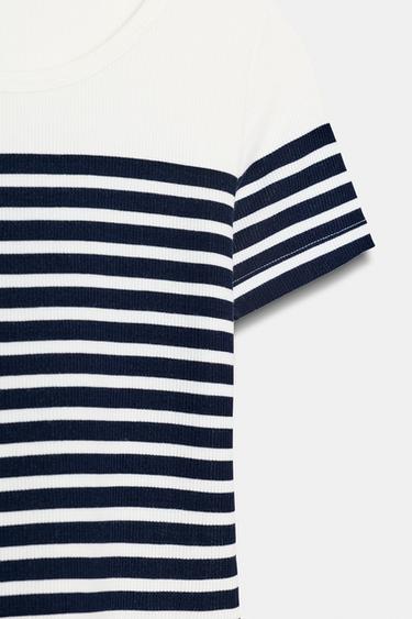 STRIPED SHORT SLEEVE T-SHIRT - Ecru / Blue by Zara - Image 7