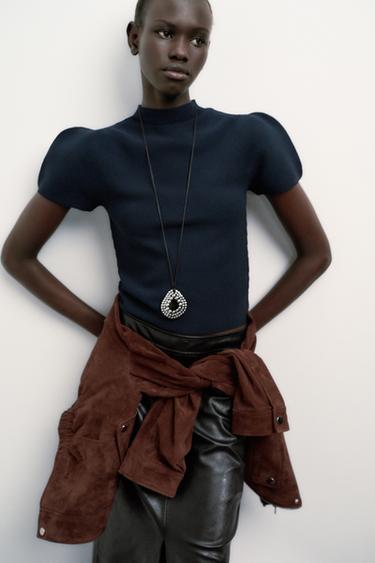 Zara BALLOON SLEEVE KNIT TOP - Navy blue