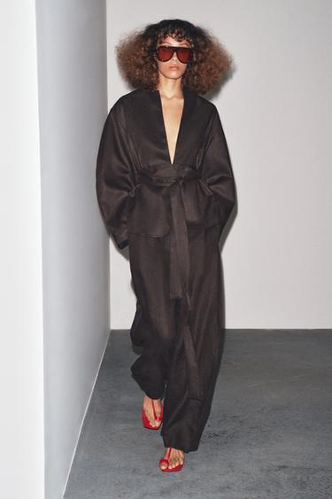 ZW COLLECTION LINEN BELTED KIMONO - Brown by Zara - Image 3