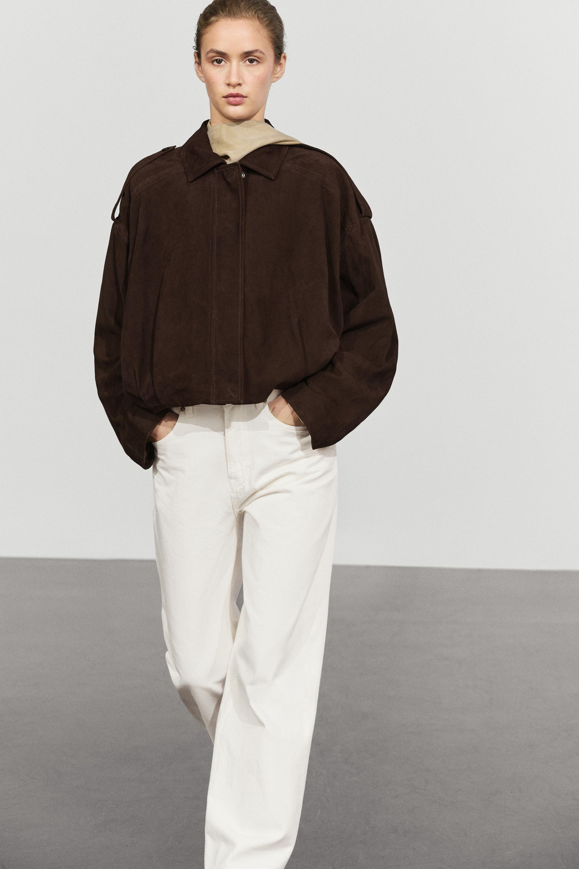 Blouson bomber avec détail de plis en cuir et daim