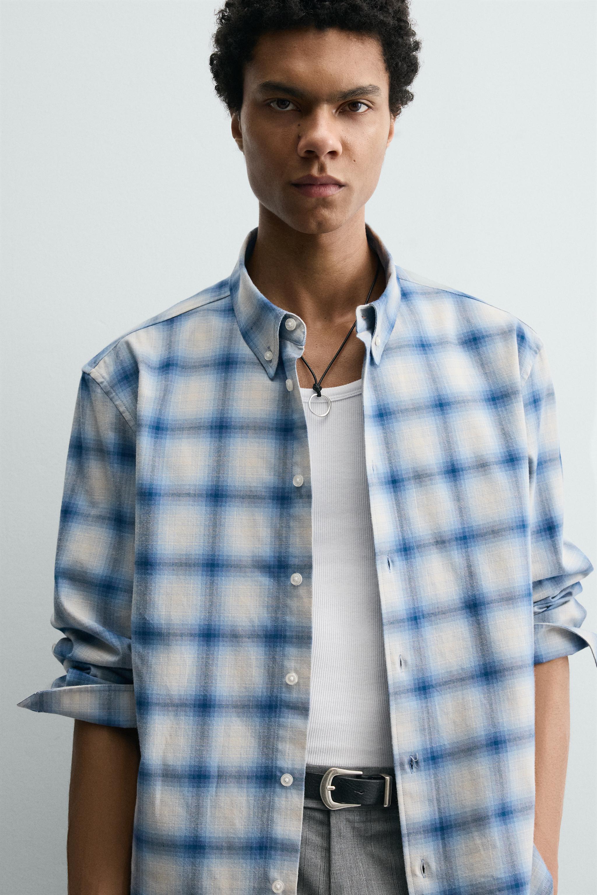 リラックスフィットチェックシャツ - 青色/白色 | ZARA Japan / 日本
