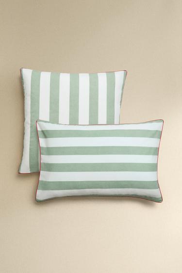 STRIPED WASHED COTTON PILLOWCASE - Green by Zara
