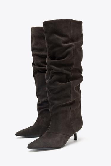 SPLIT SUEDE KITTEN HEEL BOOTS - Brown by Zara
