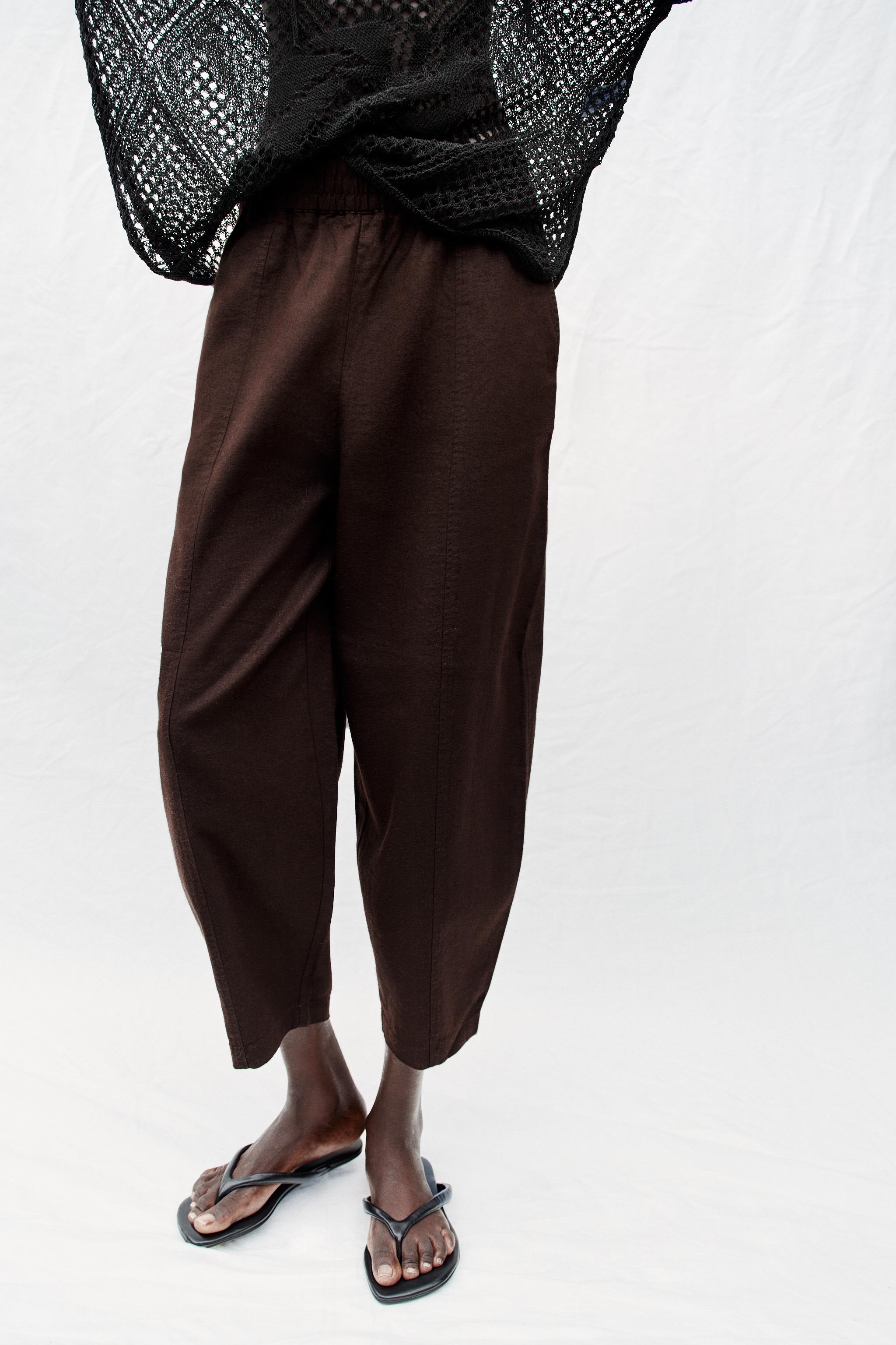 LINEN BARREL PANTS — Brown