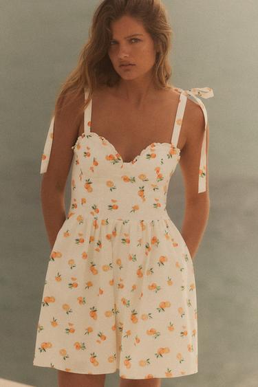 POPELINKLEID MIT ORANGEN-PRINT - Weiss/Orange von Zara