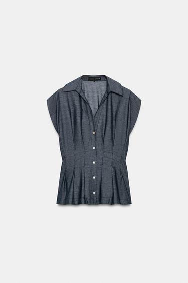 CHEMISE AJUSTÉE À PINCES AVEC LIN - Bleu de Zara