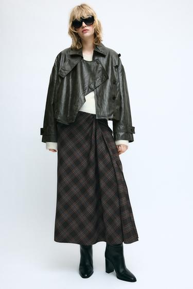Zara DRAPED PLAID SKIRT ZW COLLECTION - Khaki
