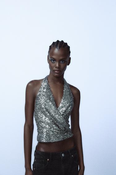 PALJETEILLA KORISTELTU HALTERNECK-TOPPI - Silver Zaralta
