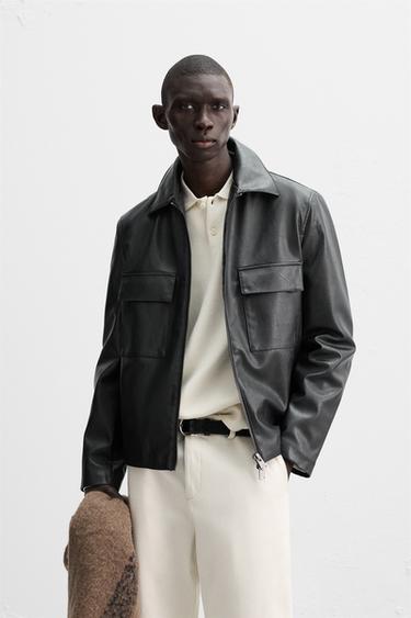 Zara FAUX LEATHER POCKET JACKET - Dark navy