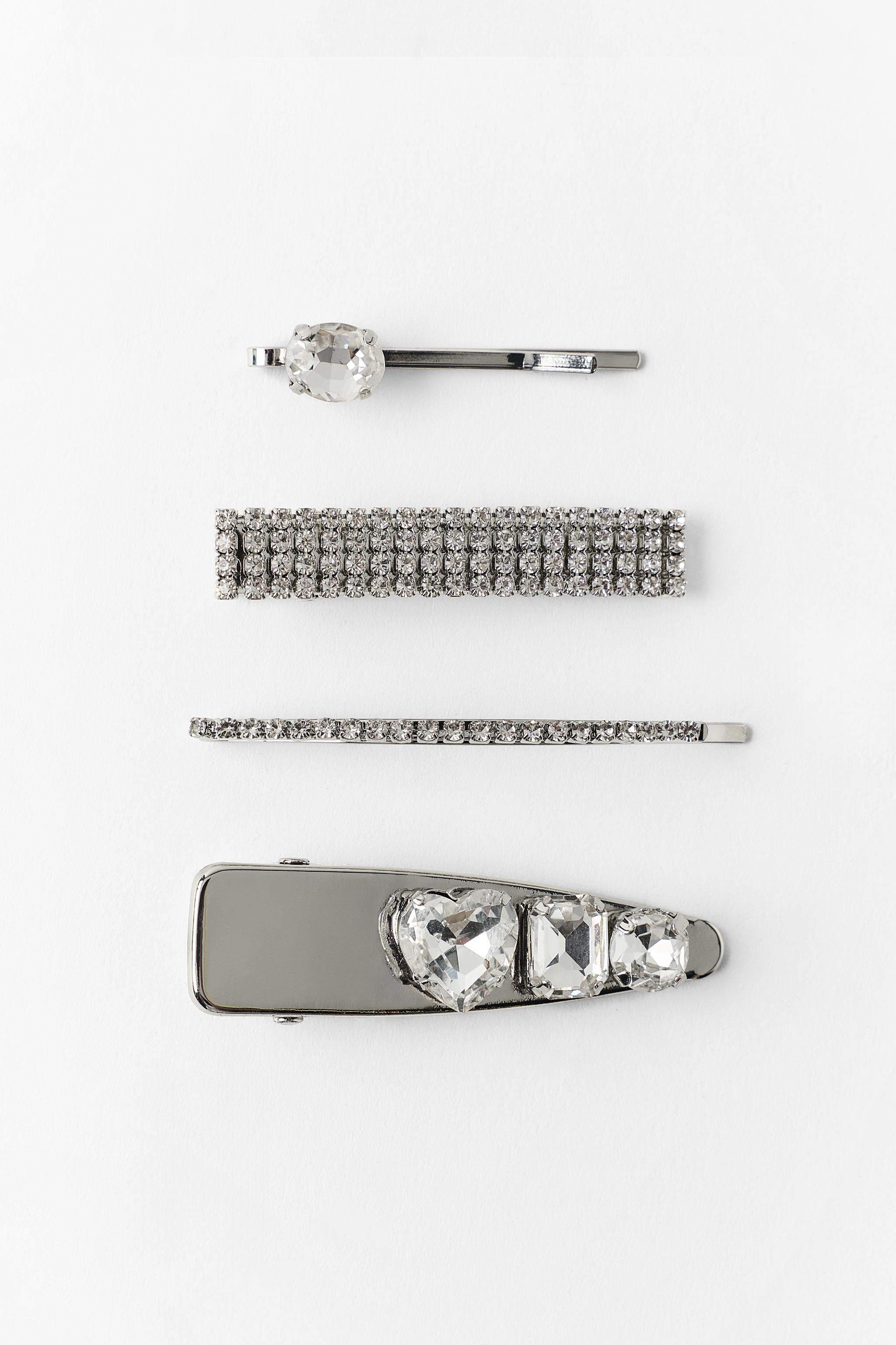 PACK OF 4 METAL JEWEL HAIR CLIPS — Silver