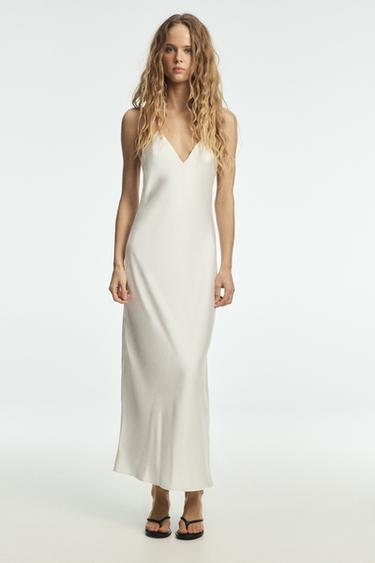 Zara LONG V-NECK DRESS - Oyster-white