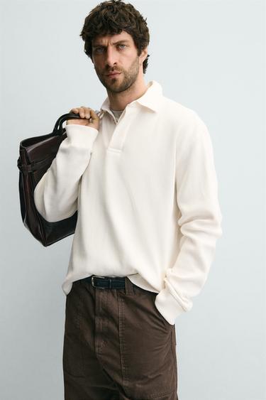 CONTRAST WAFFLE-KNIT RUGBY POLO SHIRT - Light beige by Zara - Image 4