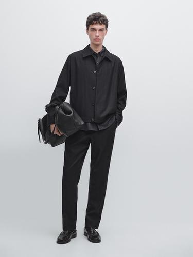 Pantalon en flanelle de laine effet velours côtelé - Bleu marine de Zara